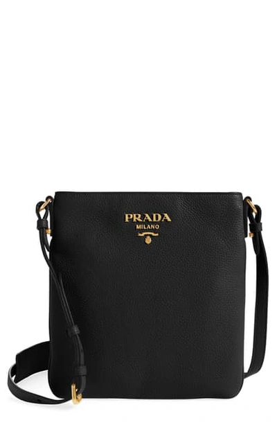 Prada Daino Leather Flat Crossbody Bag In Nero