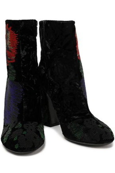 Roger Vivier Bead-embellished Crushed-velvet Ankle Boots In Black