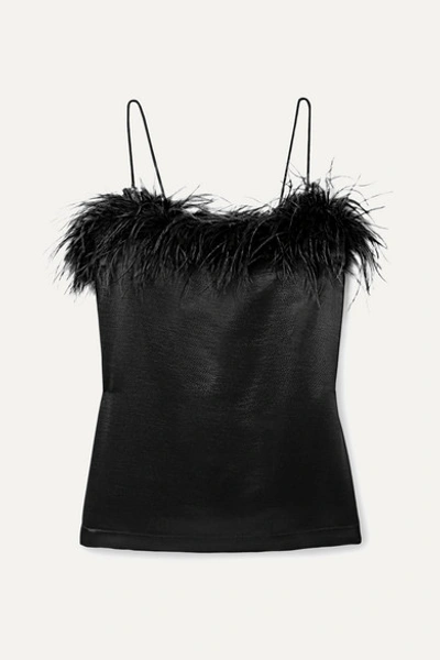 Veronica Beard Davis Feather-trimmed Hammered Silk-satin Camisole In Black