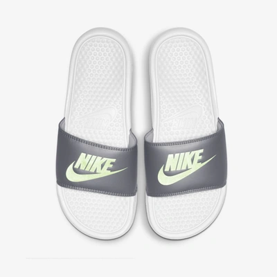 Nike White And Silver Benassi Sliders In Pure Platinum/wolf Grey/barely Volt