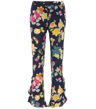Etro Exotic Floral-print Stretch Silk Ruffle Pants In Blue