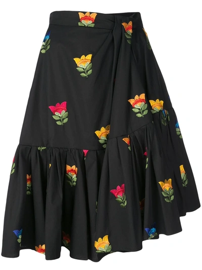 Carolina Herrera Floral-embroidered Side-drape Flounce Skirt In Black