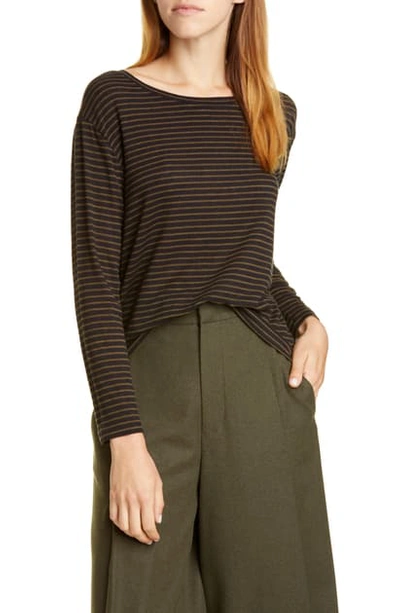 Vince Pencil Stripe Drop Shoulder Crewneck Top In Coastal/ Olive Oil