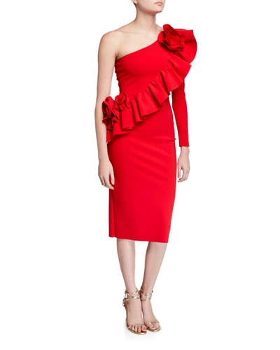 Chiara Boni La Petite Robe Asymmetric One-shoulder Knee-length Ruffle Cocktail Dress In Red