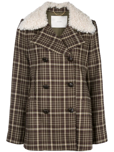 Adam Lippes Double-face Plaid Wool Pea Coat With Shearling Collar