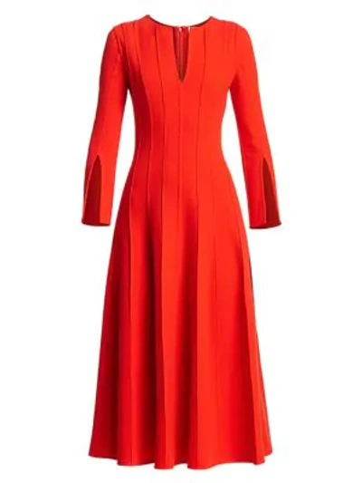 Oscar De La Renta Plisse V-neck 3/4-sleeve Midi Dress In Poppy