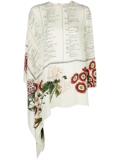 Oscar De La Renta Floral Script Asymmetrical Long Sleeve Silk Blouse In White