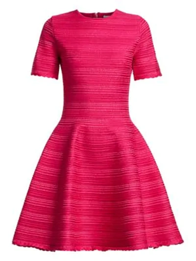 Oscar De La Renta Short-sleeve Jacquard Striped Fit-&-flare Mini Dress In Shocking Pink