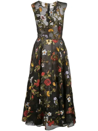 Oscar De La Renta Sleeveless Ikat Floral Embroidered Tulle Day Dress In Black Multi
