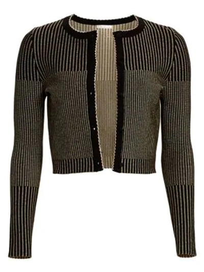 Oscar De La Renta Shimmer-striped Cardigan In Black Gold