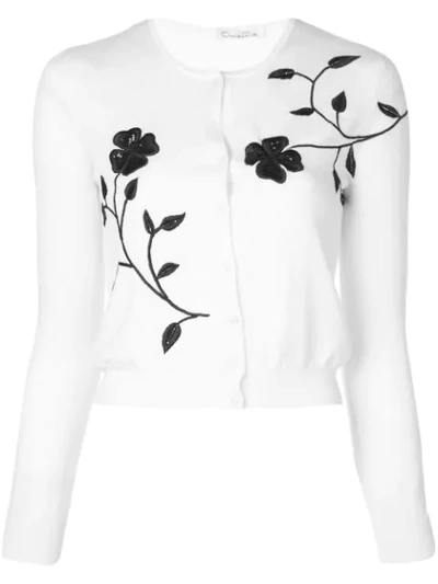 Oscar De La Renta Flower Embroidered Button-front Wool Cardigan In Ivory
