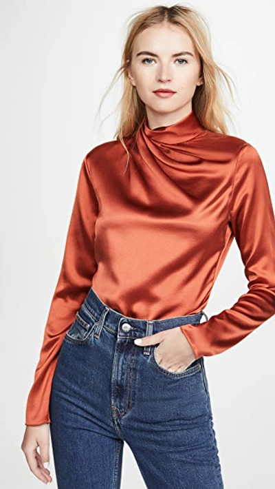 Brandon Maxwell Crepe-back Satin Draped-neck Blouse In Rust