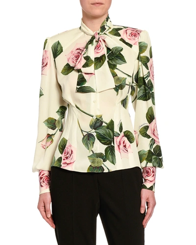 Dolce & Gabbana Rose-print Cady Button-front Blouse In White Pattern