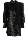 A.l.c Christy Sequin Mock-neck Blouson-sleeve Mini Dress In Black