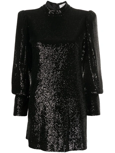A.l.c Christy Sequin Mock-neck Blouson-sleeve Mini Dress In Black