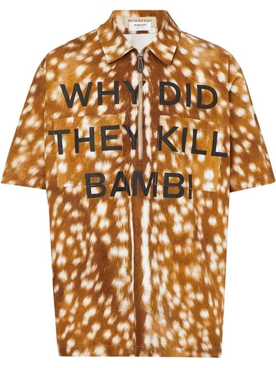 Burberry Men's Deer-pattern Typography Short-sleeve Zip-front Sport Shirt In Honey