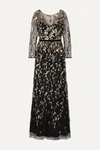Marchesa Notte V-neck Long-sleeve Metallic Embroidered Gown W/ 3d Leaflets In Black