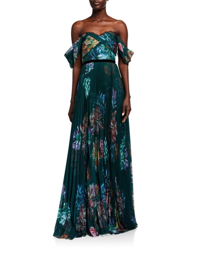 Marchesa Notte Watercolor Off-the-shoulder Draped Bodice Chiffon & Charmeuse Gown In Emerald