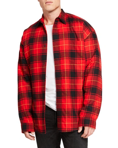 Balenciaga Men's Pinched Plaid Overshirt In Red
