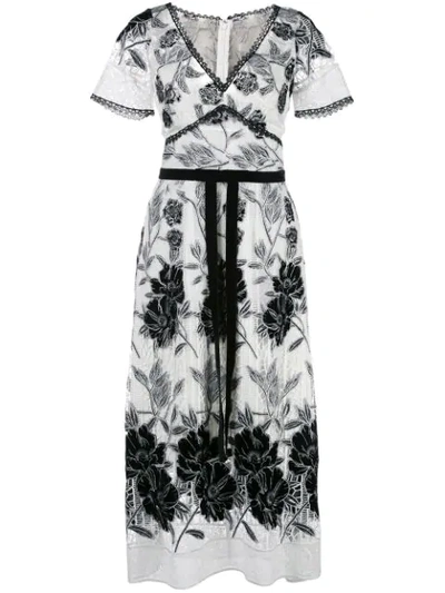 Marchesa Notte Floral Velvet Embroidered & Guipure Lace Short-sleeve Midi Dress In White