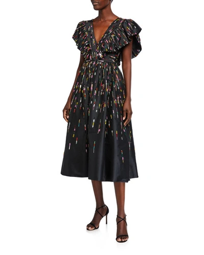 Monique Lhuillier Fluttered V-neck Midi Dress In Black Pattern