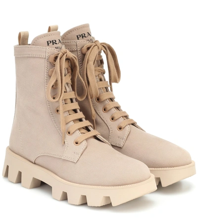 Prada Lug-sole Canvas Combat Boots In Beige