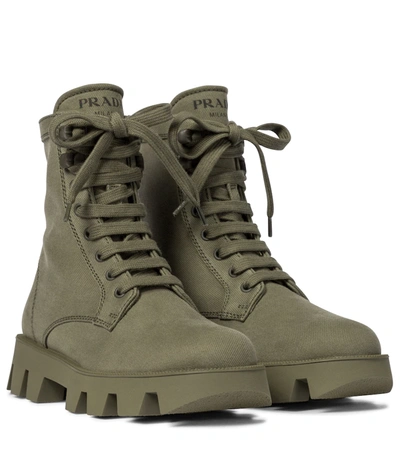 Prada Lug-sole Canvas Combat Boots In Green