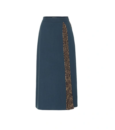 Fendi Fleece Wool Midi Skirt With Pleated Side Inset In Blue