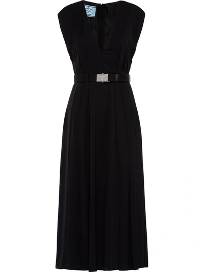 Prada Belted Pleated Midi Dress In Black