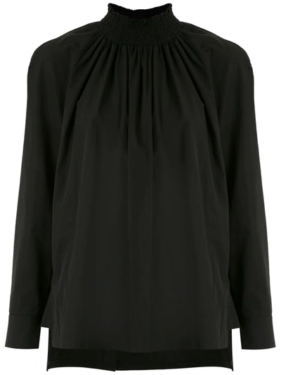 Prada Egypt Compact Poplin Smocked Turtleneck Blouse In Black