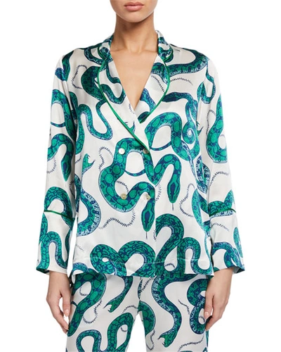 Hesper Fox Dietrich Snakes-print Silk Pajama Top In Green Pattern