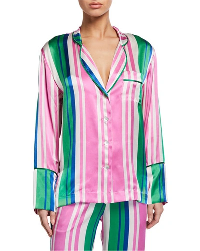 Hesper Fox Evie Striped Silk Pajama Shirt In Pink Pattern