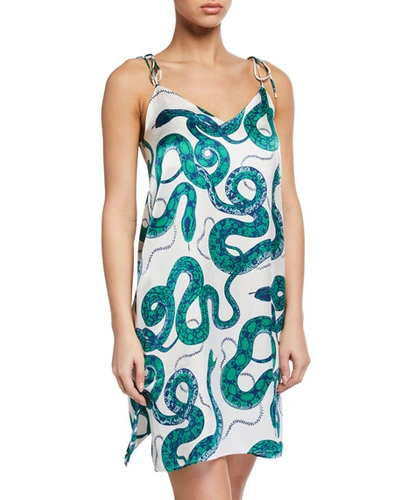 Hesper Fox Lucia Snakes-print Short Silk Nightgown In Green Pattern