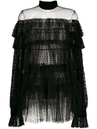 Wandering Lace Ruffled Short Dress In Black