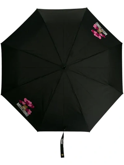 Moschino Teddy Motif Logo Print Umbrella In Black