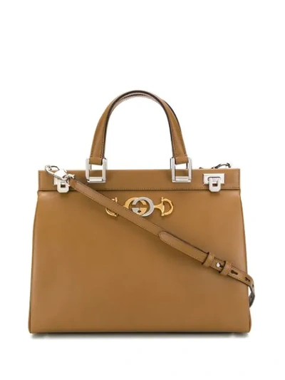 Gucci Structured Logo Plaque Tote Bag In Brown
