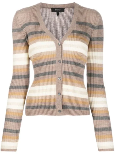 Theory Striped Knit Cardigan In Brown