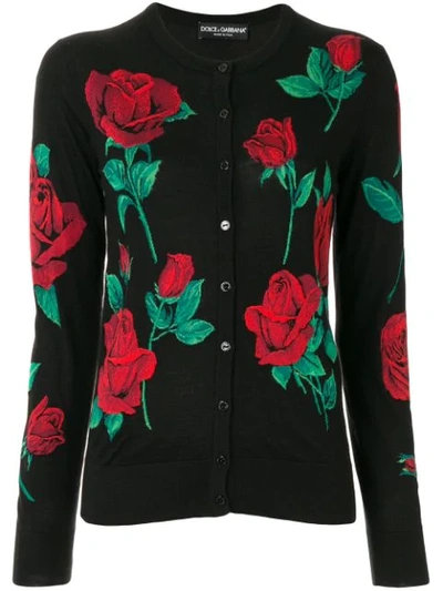 Dolce & Gabbana Roses Intarsia Knitted Cardigan In Black