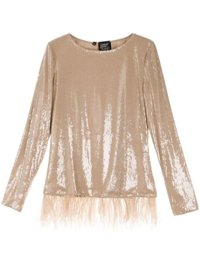 Alison Brett Feather-embellished Sequined Top In Brown
