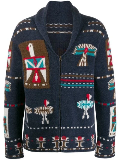 Fortela Intarsia Knit Zip-front Cardigan In Blue