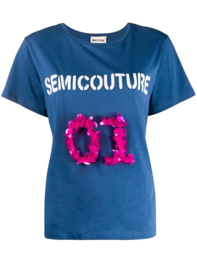 Semicouture Embellished Short Sleeve T-shirt In K65-0 Blu Notte