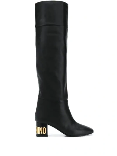Moschino Logo Plaque Over-the-knee Boots In Black