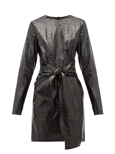 Msgm Tie-detailed Faux Croc-effect Leather Mini Dress In Black