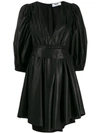 Msgm Plunging Puff-sleeve Belted Mini Dress In Black