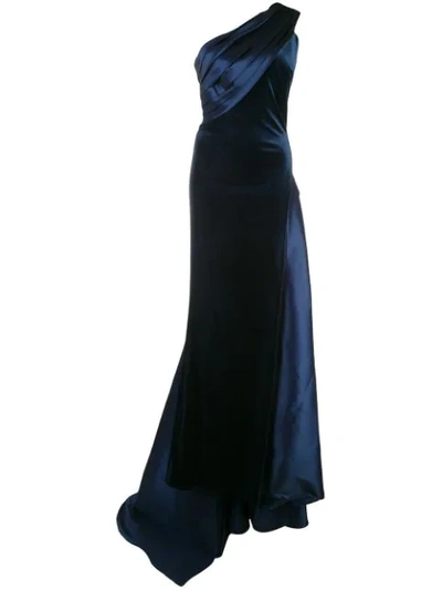 Tadashi Shoji Velvet And Satin One Shoulder Evening Gown In Blue