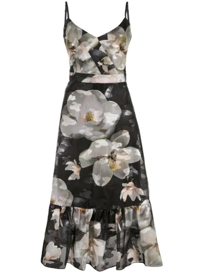 Marchesa Notte Floral-print Sleeveless Dress In Black