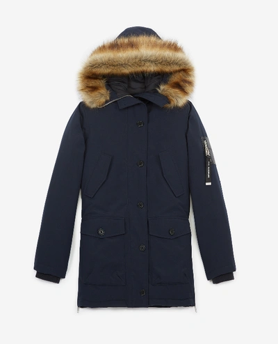 The Kooples Faux-fur Trimmed Logo Pull-tab Parka In Navy