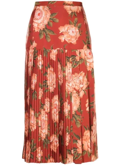 Ferragamo Peonies Print Pleated Silk Skirt In Orange