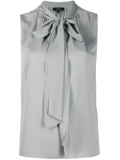 Theory Pussy Bow Neck Blouse In Grey