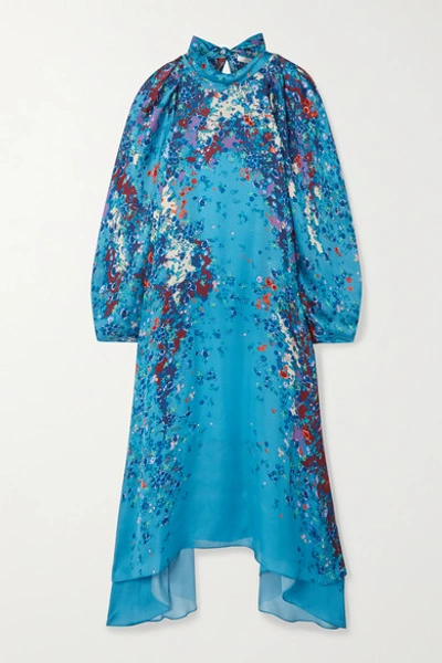 Givenchy Floral Print Asymmetrical Silk Dress In Blue